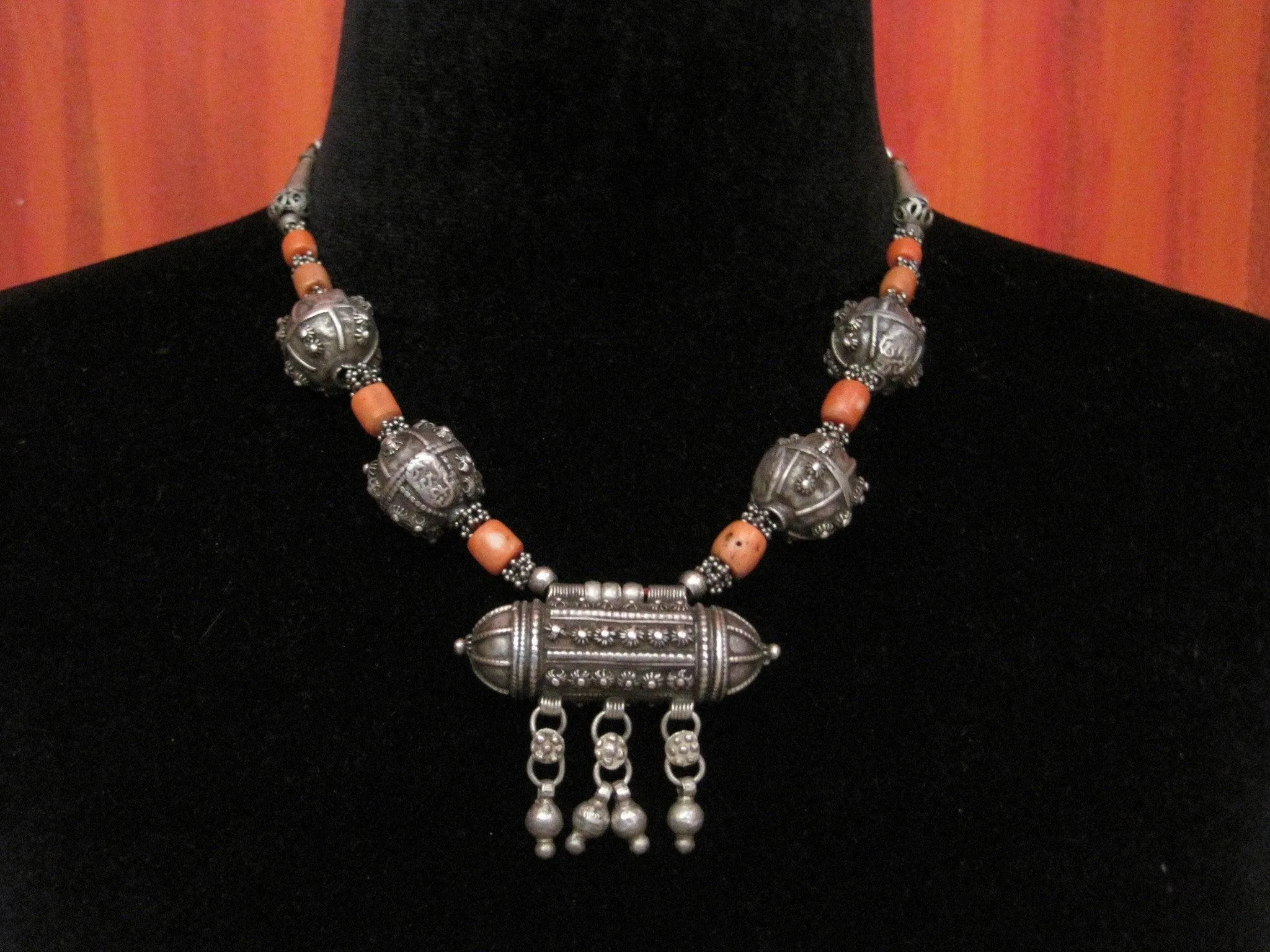 Antique Jewish Yemeni Silver and Coral Hirz Necklace with Signed Beads