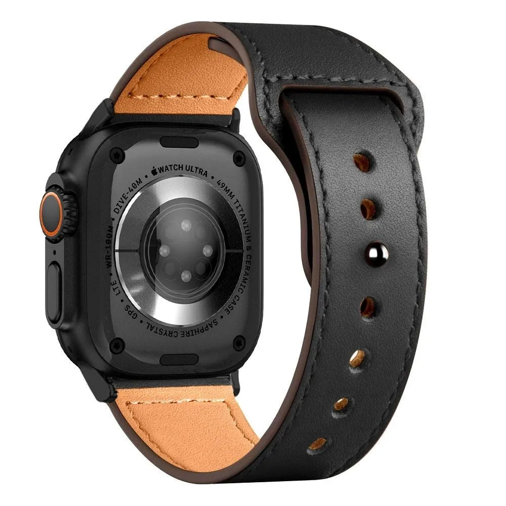Apple Watch (42/44/SE/45/46/49mm) Tech-Protect Naturalfit Ægte Læder Urrem - Black