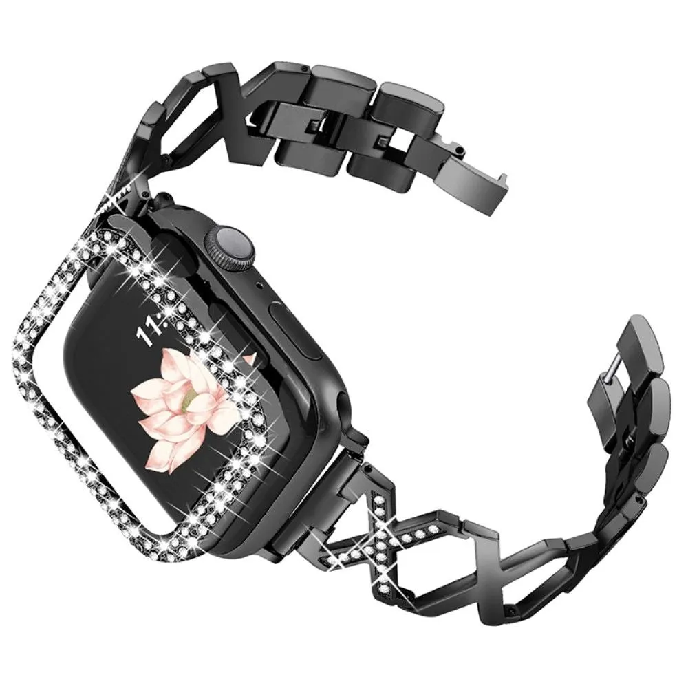 Apple Watch (45mm) rhinestone cover   X design watch strap - Black