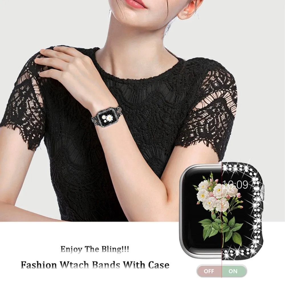 Apple Watch (45mm) rhinestone cover   X design watch strap - Black