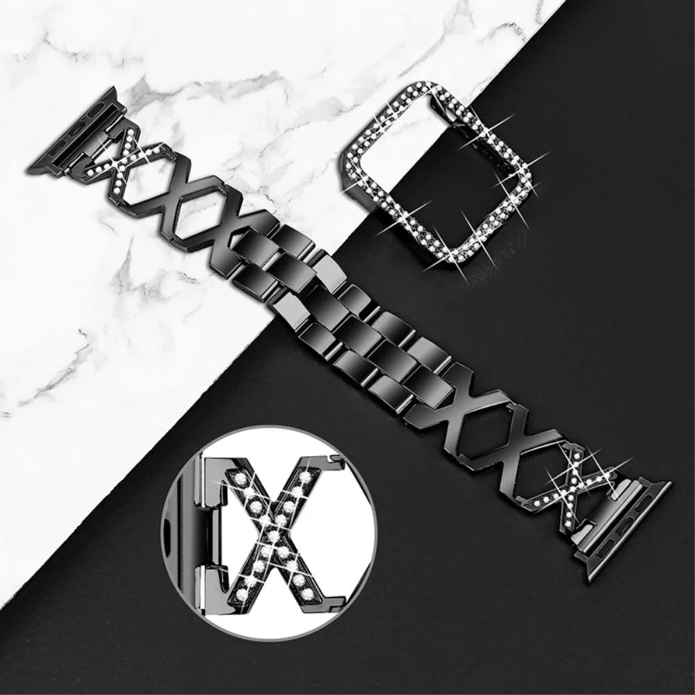 Apple Watch (45mm) rhinestone cover   X design watch strap - Black