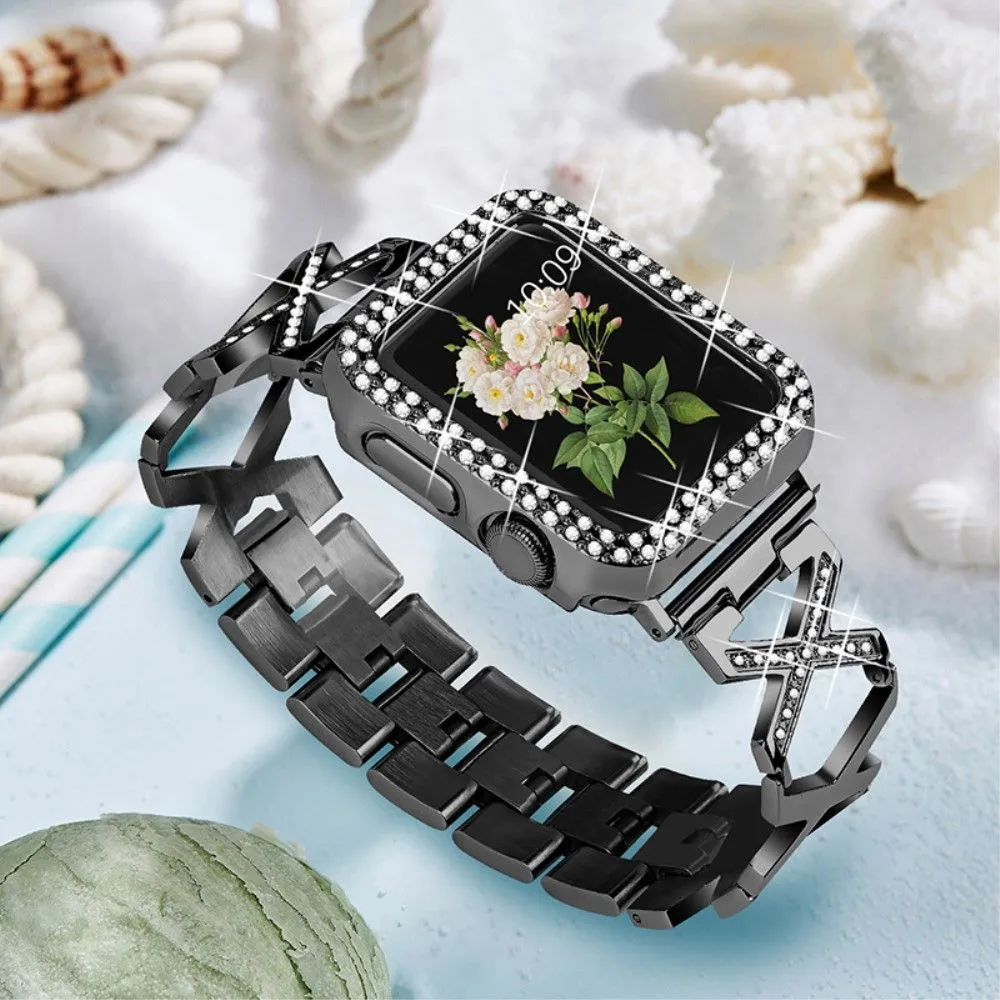 Apple Watch (45mm) rhinestone cover   X design watch strap - Black