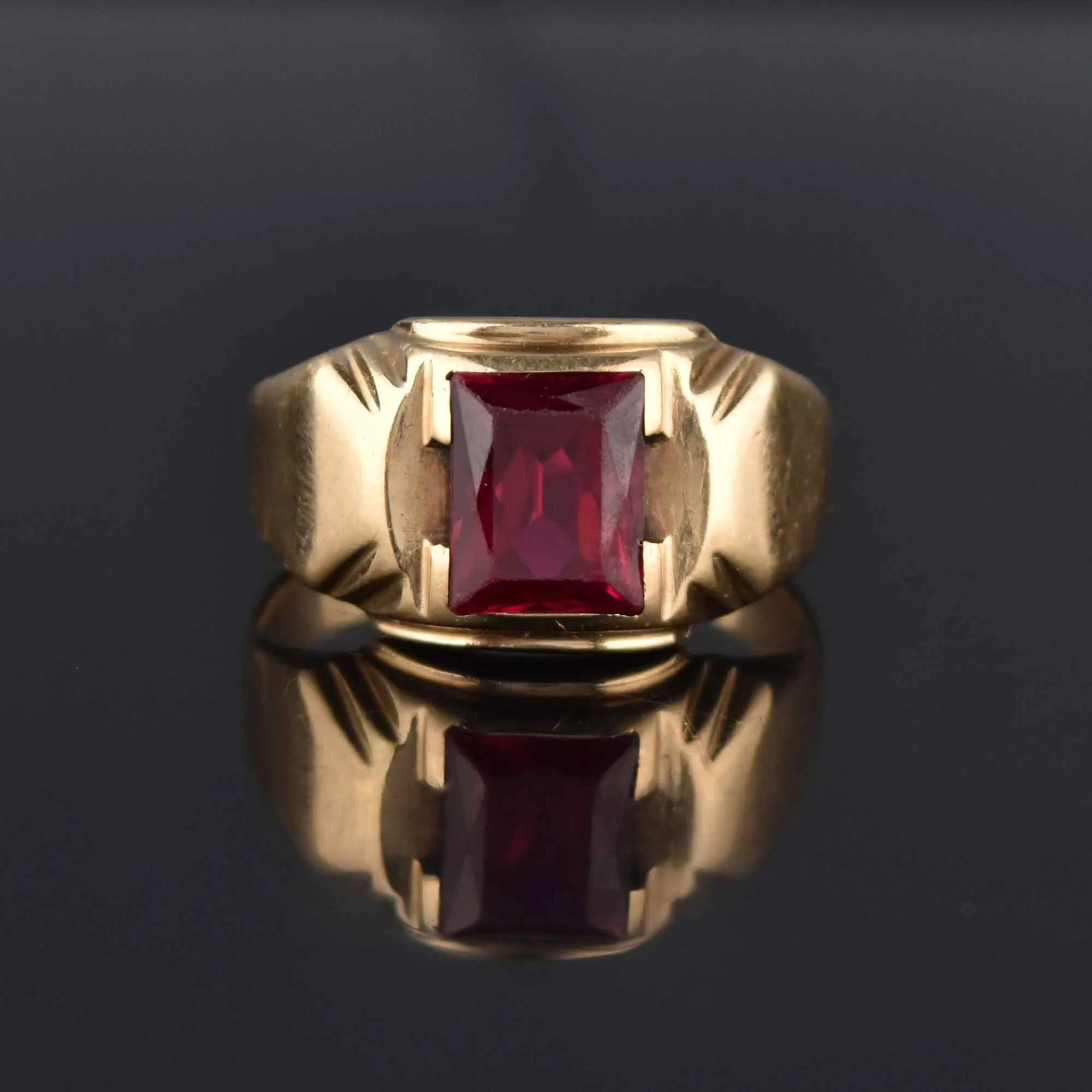 Art Deco Mens Gold Ruby Signet Ring, Sz 13.25