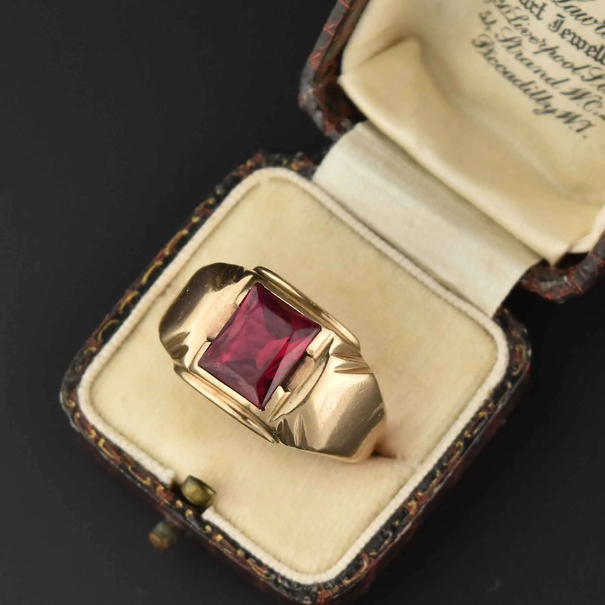 Art Deco Mens Gold Ruby Signet Ring, Sz 13.25