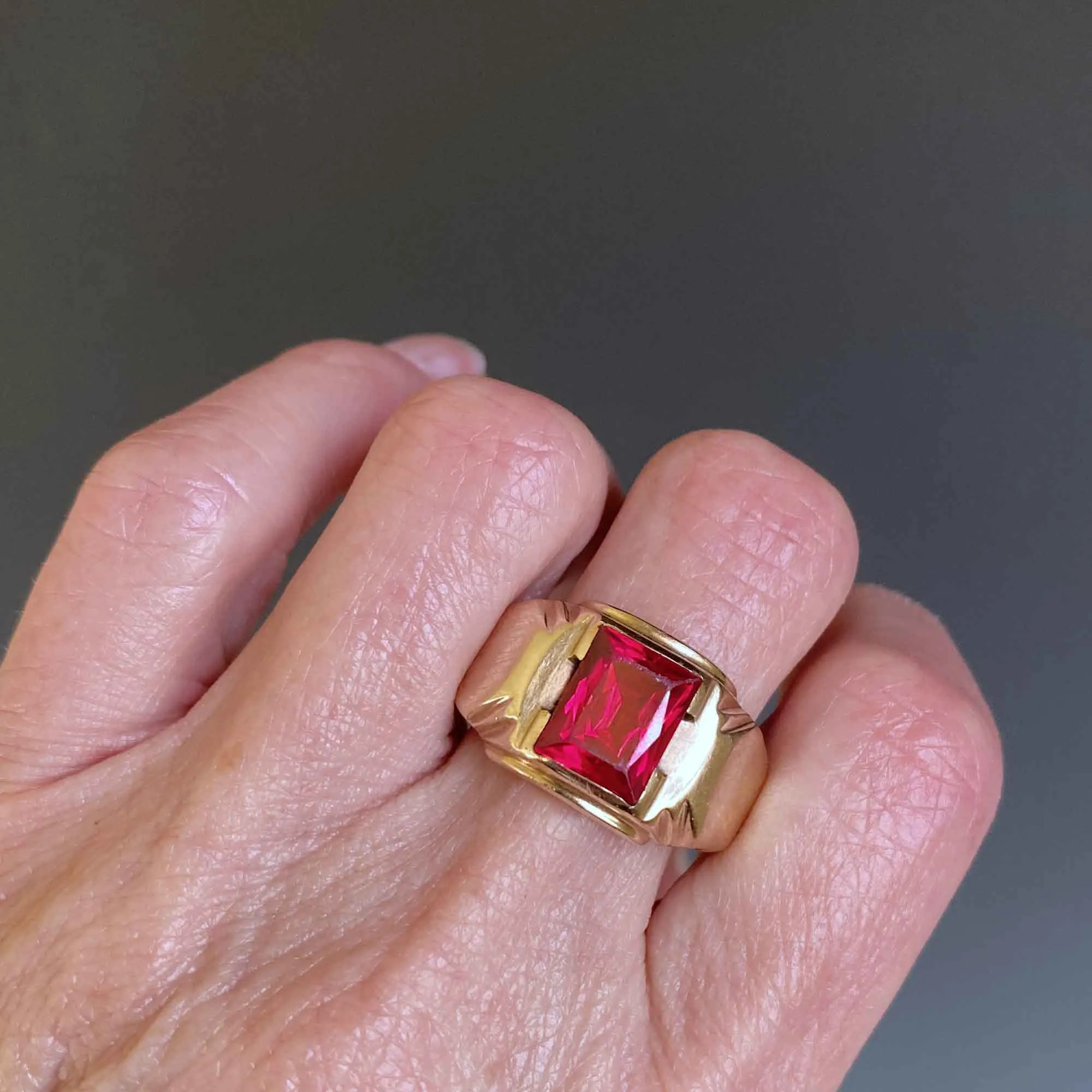 Art Deco Mens Gold Ruby Signet Ring, Sz 13.25