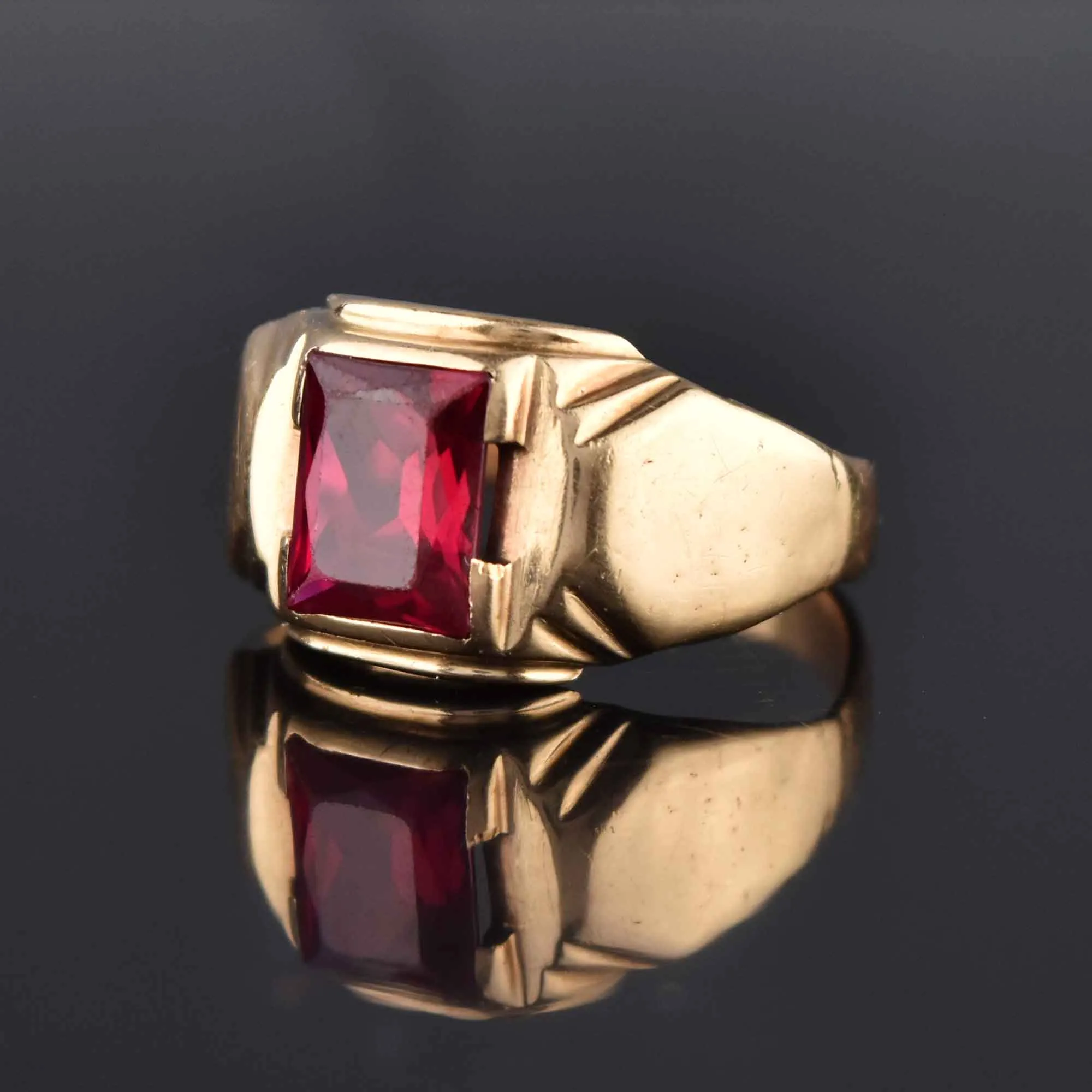 Art Deco Mens Gold Ruby Signet Ring, Sz 13.25