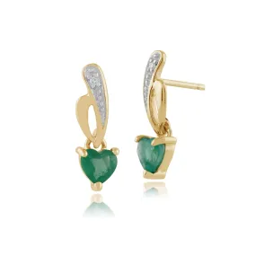 Art Nouveau Stil Smaragd & Diamanten Herz Tropfen Ohrringe in 9ct Gelb Gold