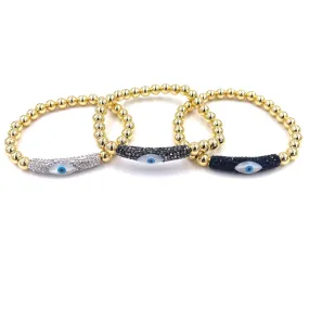 Ashley Gold Stainless Steel Gold Plated Stretch Ball Beaded CZ Evil Eye Bracelet