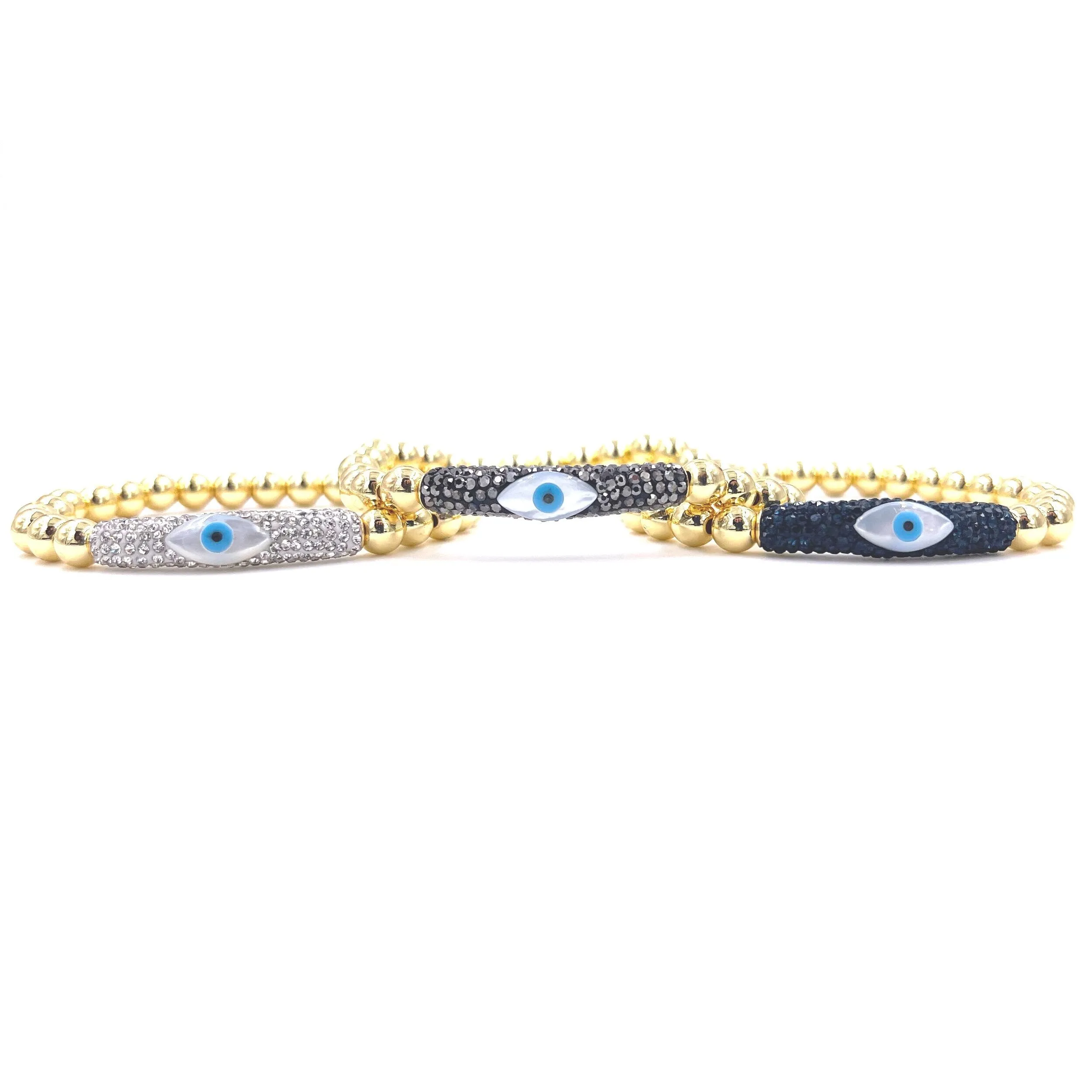 Ashley Gold Stainless Steel Gold Plated Stretch Ball Beaded CZ Evil Eye Bracelet