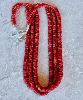 Bamboo Coral Disc 3-Strand Necklace with Bamboo Coral Rounds and a Sterling Silver Toggle Clasp