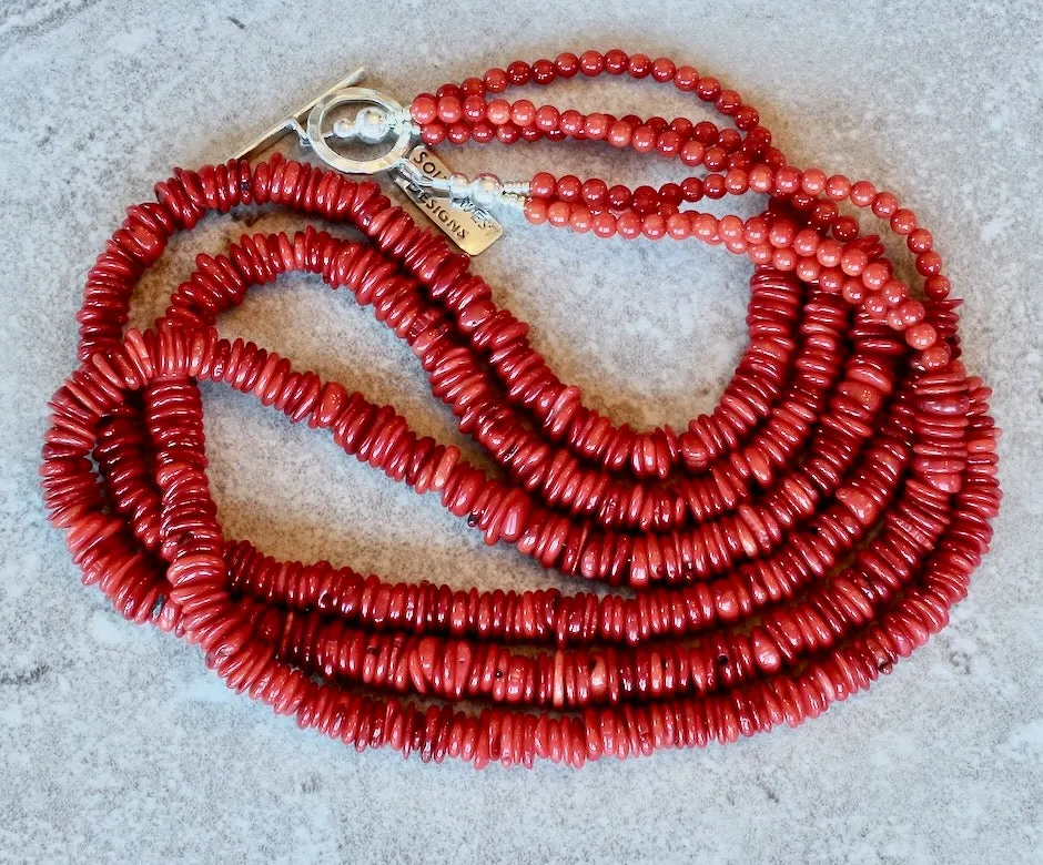 Bamboo Coral Disc 3-Strand Necklace with Bamboo Coral Rounds and a Sterling Silver Toggle Clasp