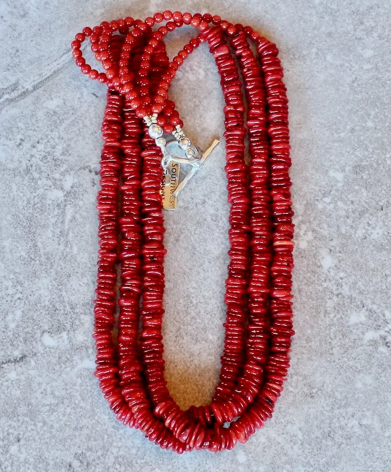 Bamboo Coral Disc 3-Strand Necklace with Bamboo Coral Rounds and a Sterling Silver Toggle Clasp