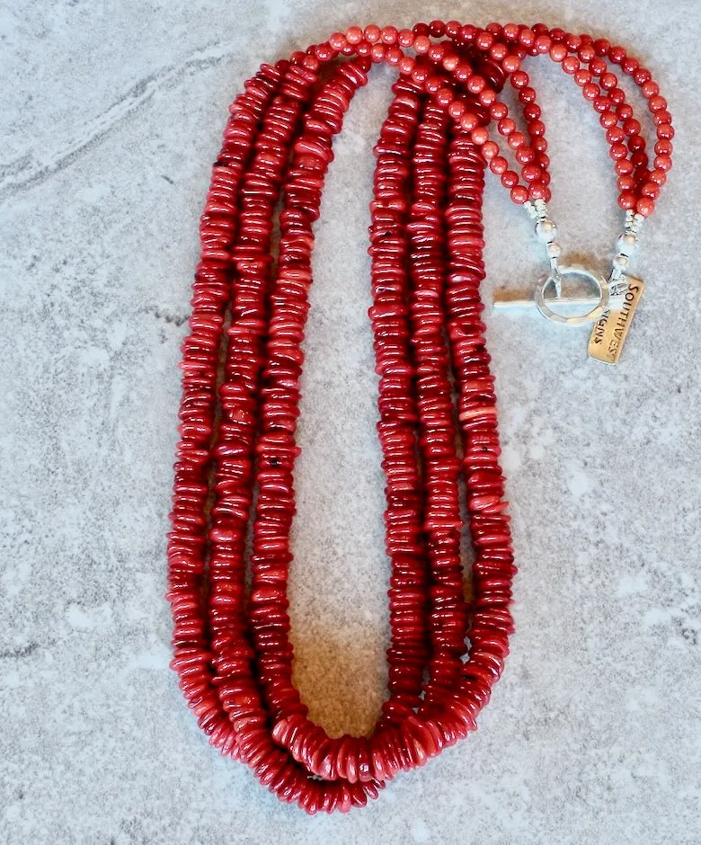 Bamboo Coral Disc 3-Strand Necklace with Bamboo Coral Rounds and a Sterling Silver Toggle Clasp