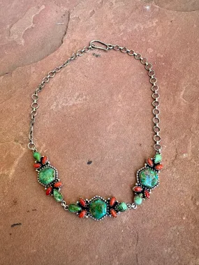 Beautiful Handmade Sterling Silver, Coral & Sonoran Turquoise Necklace Style E