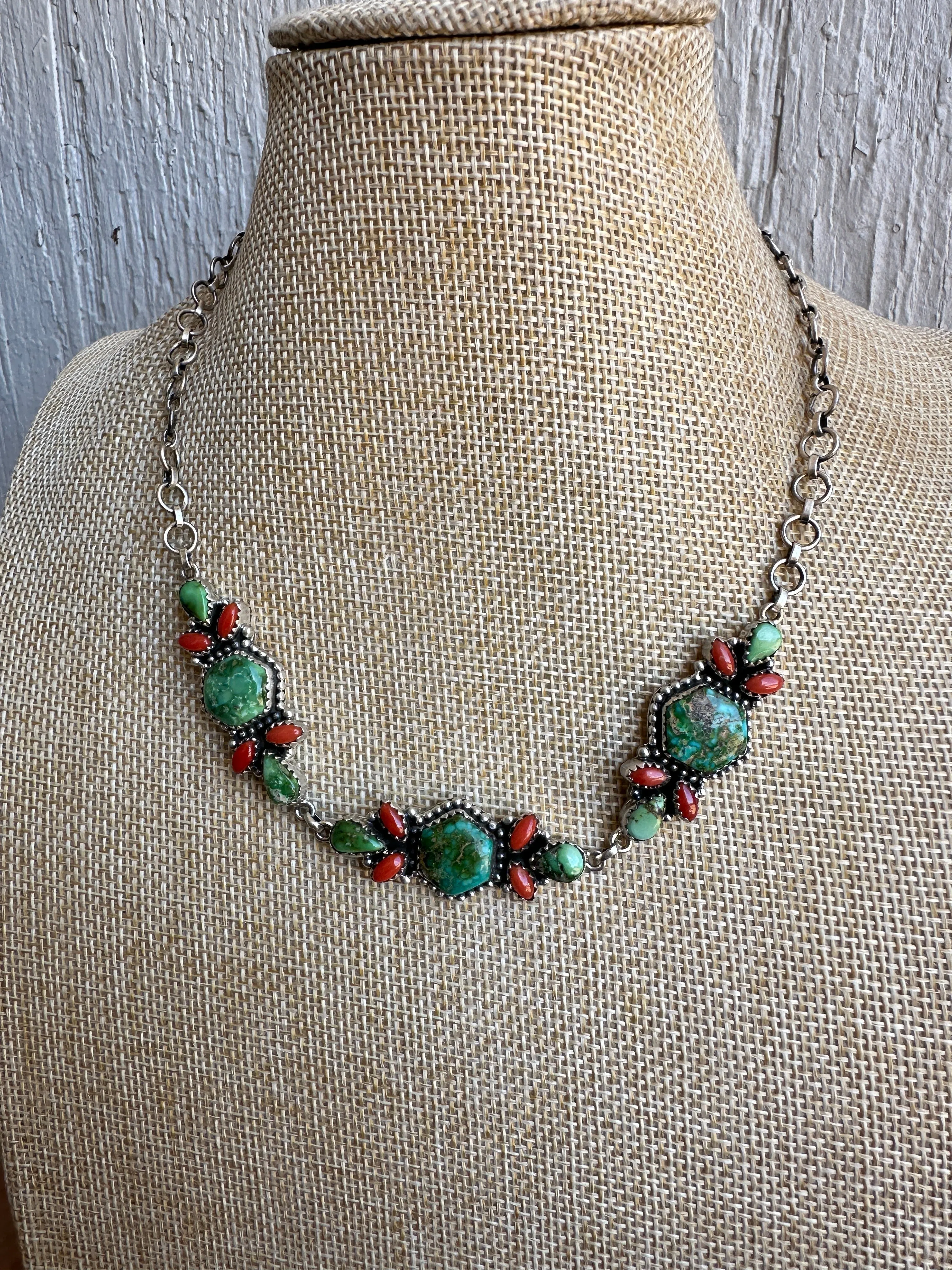 Beautiful Handmade Sterling Silver, Coral & Sonoran Turquoise Necklace Style E
