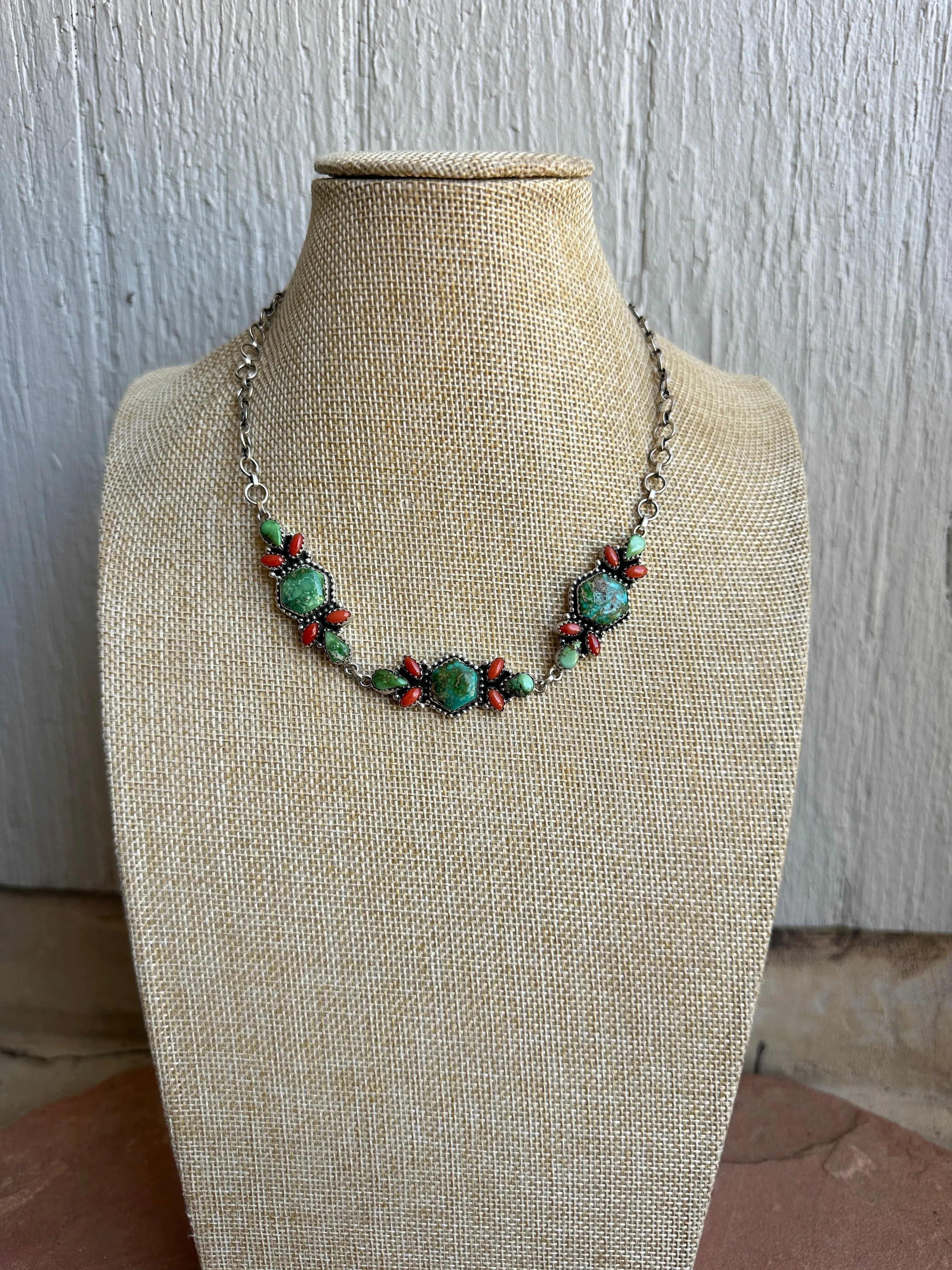 Beautiful Handmade Sterling Silver, Coral & Sonoran Turquoise Necklace Style E