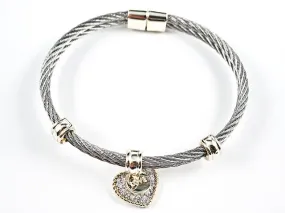 Beautiful Textured Cable Wire Style Magnetic Clasp Two Tone Dangle Heart CZ Steel Bangle