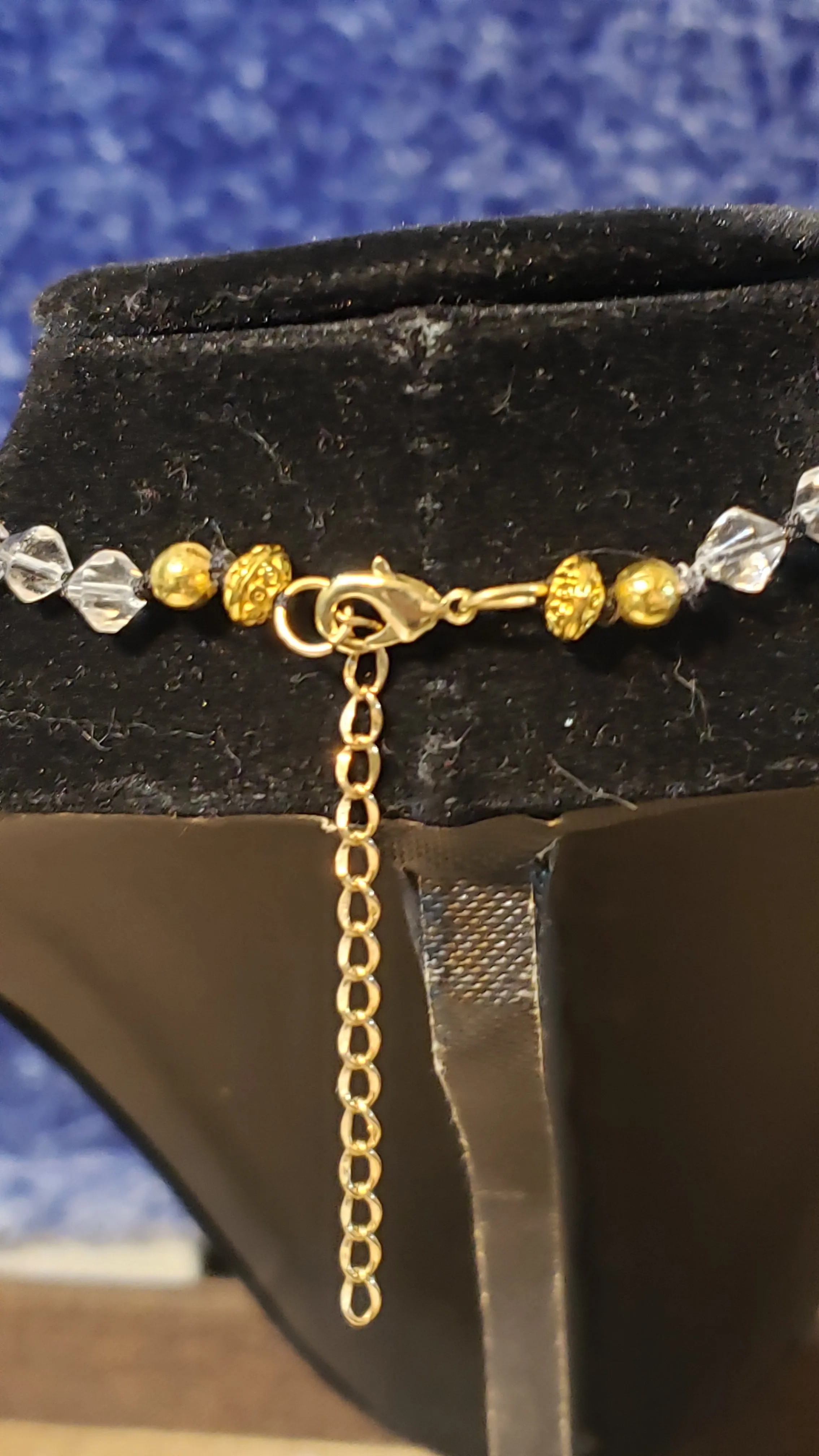 Black Hand Knotted Silk Choker Necklace with Howlite & Czech Glass. Adjustable 12" with 2" Gold Tone Extender and Lobster Claw Clasp.