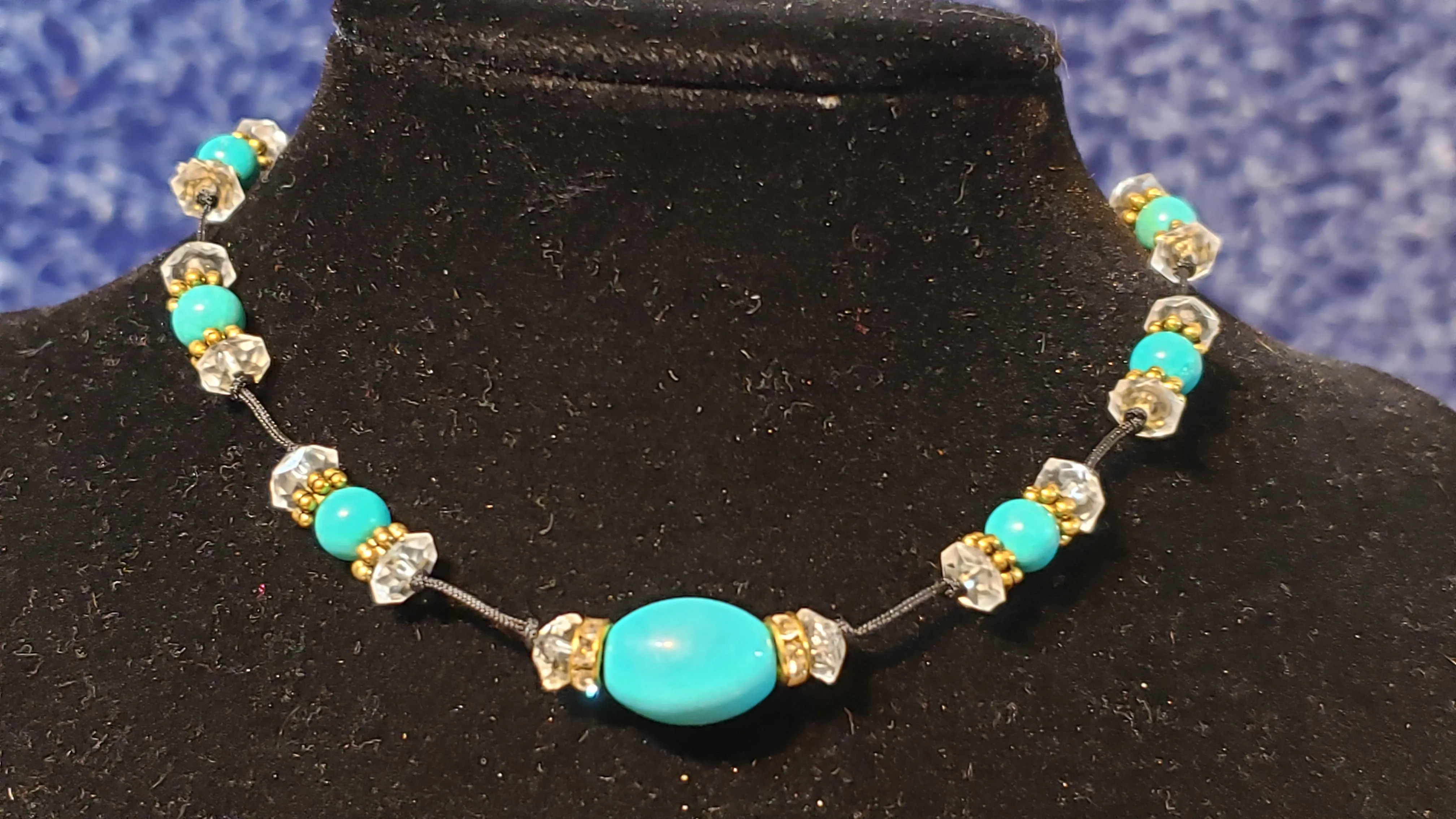 Black Hand Knotted Silk Choker Necklace with Howlite & Czech Glass. Adjustable 12" with 2" Gold Tone Extender and Lobster Claw Clasp.