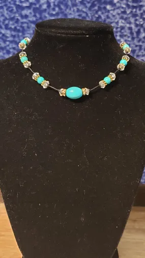 Black Hand Knotted Silk Choker Necklace with Howlite & Czech Glass. Adjustable 12" with 2" Gold Tone Extender and Lobster Claw Clasp.