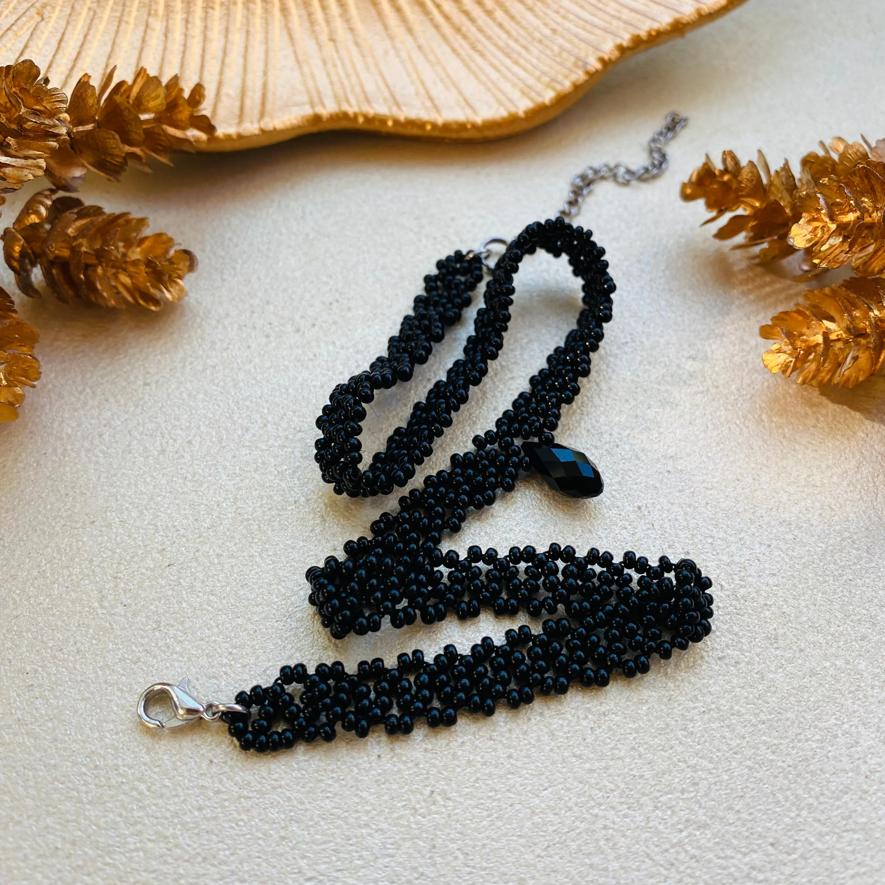 Black Seed Bead Choker Necklace. Wide bead lace choker with Crystal. Cute Dainty choker, Sexy choker for Women.
