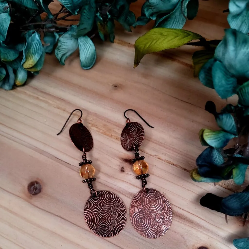 Bohemian Etched Copper Dangle Earrings with Citrine Accents