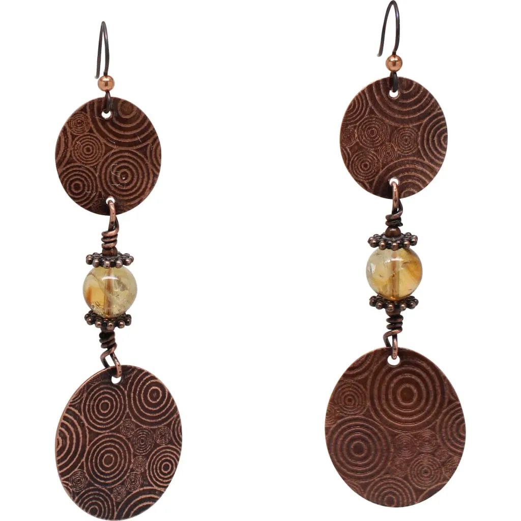 Bohemian Etched Copper Dangle Earrings with Citrine Accents