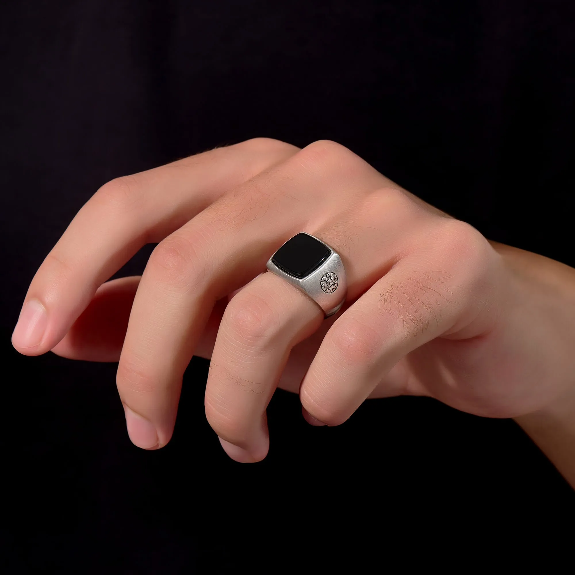 Brushed Square Onyx Ring - Solid Silver