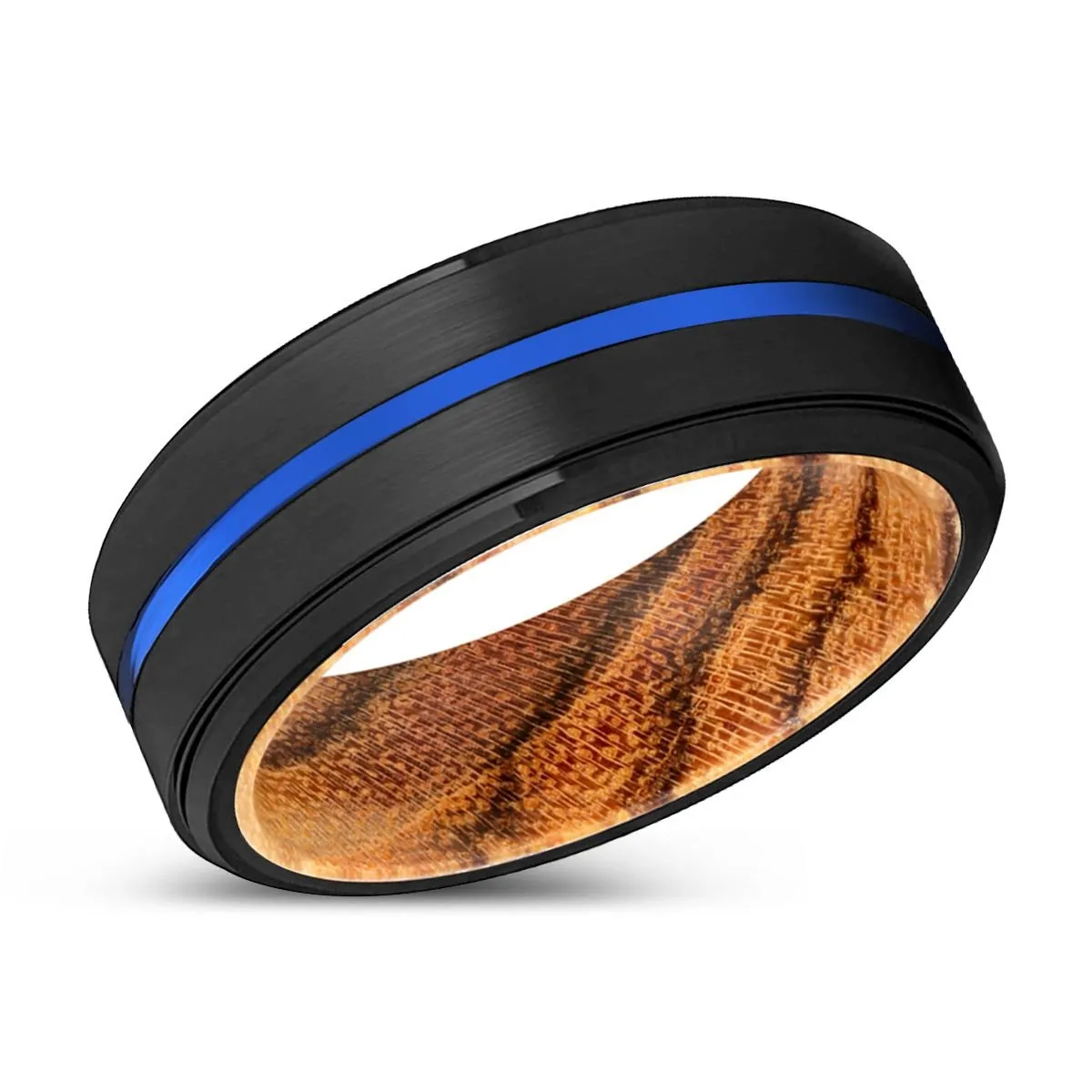 BURST | Bocote Wood, Black Tungsten Ring, Blue Groove, Stepped Edge