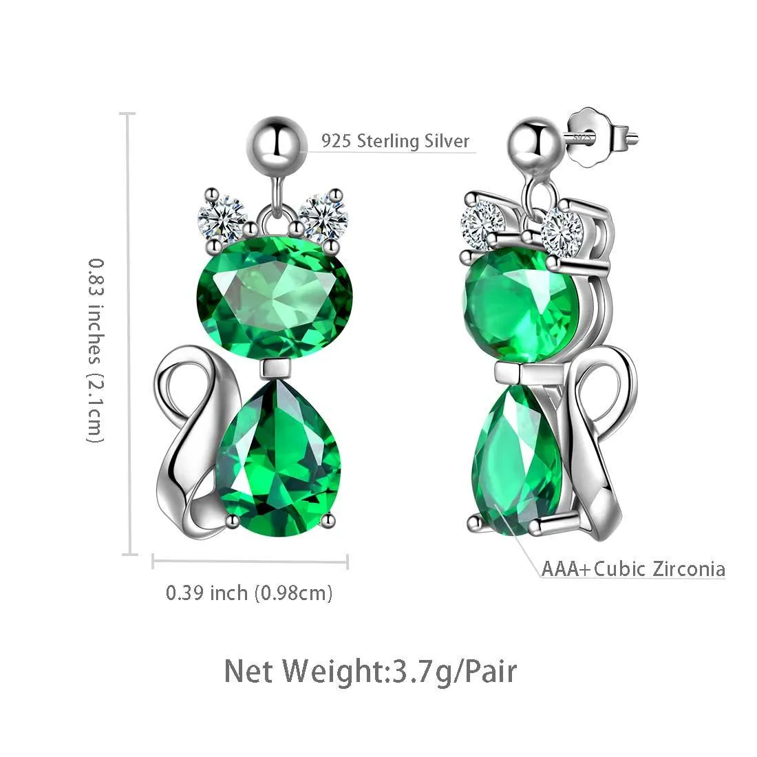 Cat Birthstone May Emerald Earrings Women Girls Jewelry Birthday Gift Sterling Silver