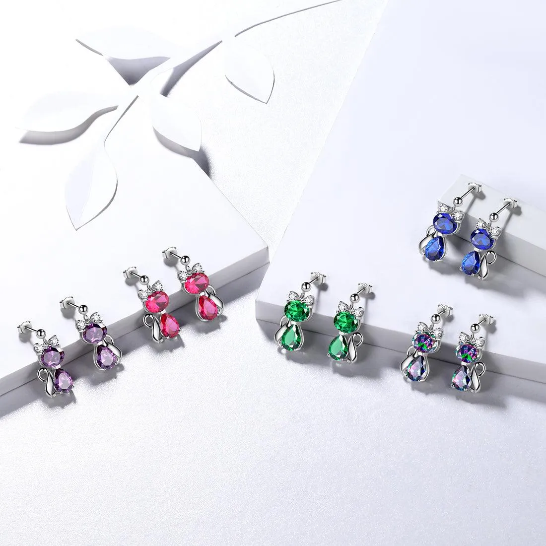 Cat Birthstone May Emerald Earrings Women Girls Jewelry Birthday Gift Sterling Silver