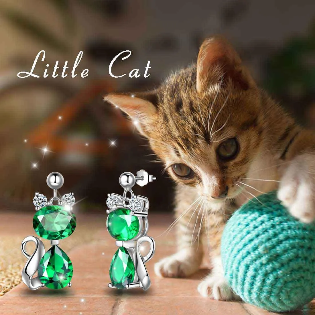 Cat Birthstone May Emerald Earrings Women Girls Jewelry Birthday Gift Sterling Silver