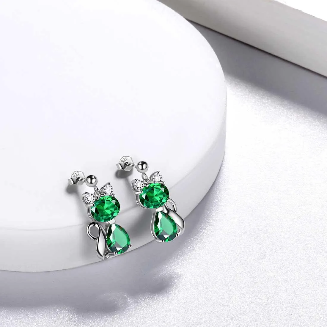 Cat Birthstone May Emerald Earrings Women Girls Jewelry Birthday Gift Sterling Silver