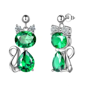Cat Birthstone May Emerald Earrings Women Girls Jewelry Birthday Gift Sterling Silver