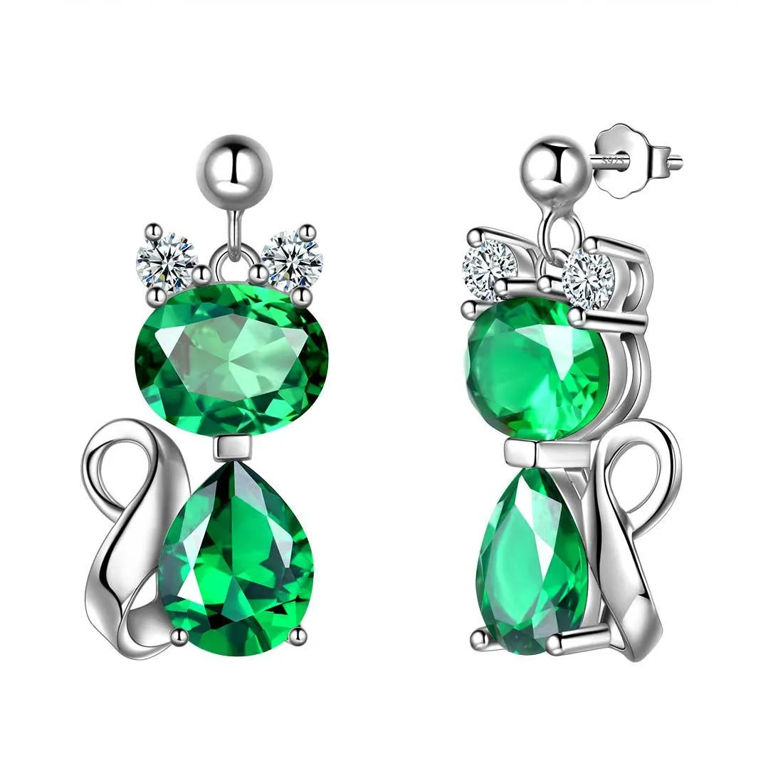 Cat Birthstone May Emerald Earrings Women Girls Jewelry Birthday Gift Sterling Silver