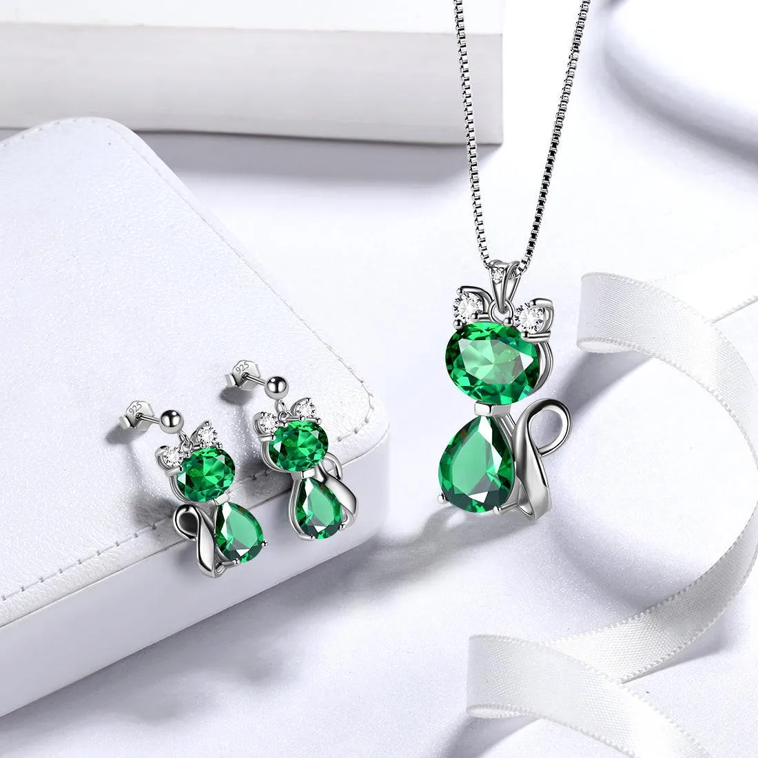 Cat Birthstone May Emerald Earrings Women Girls Jewelry Birthday Gift Sterling Silver