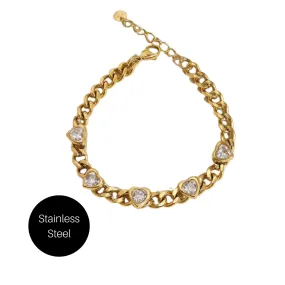 Chained Crystal Heart Bracelet in Gold