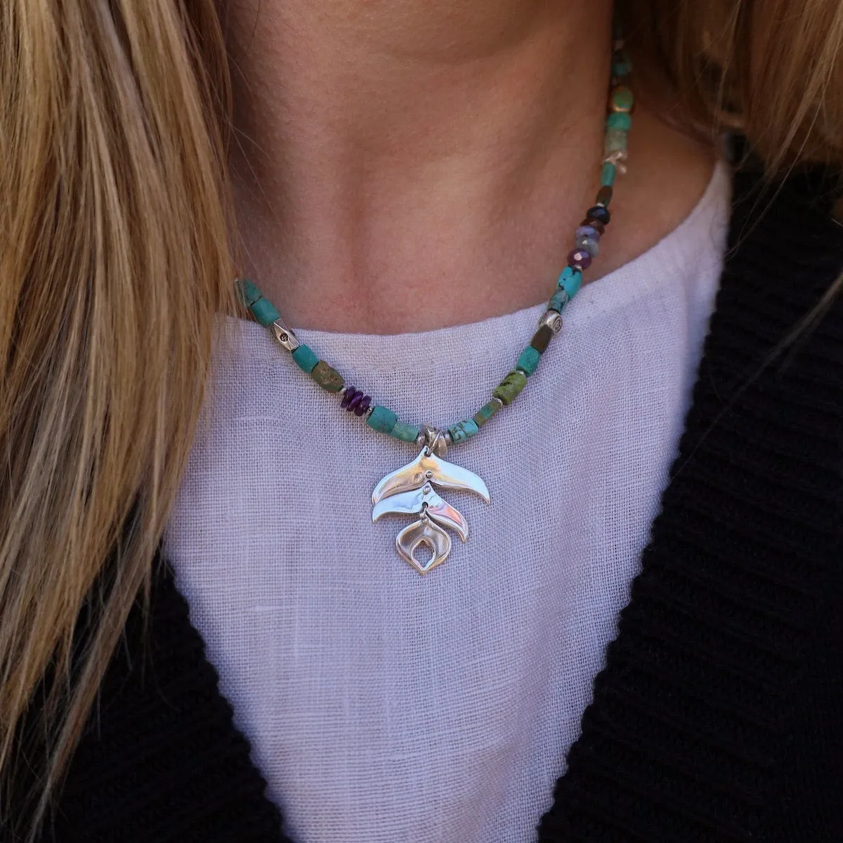 Chunky Turquoise with Silver Peacock Feather Necklace