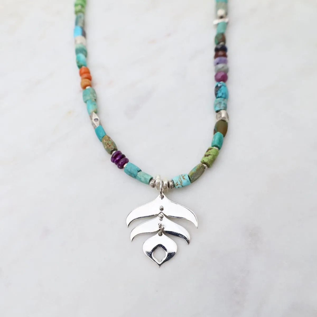 Chunky Turquoise with Silver Peacock Feather Necklace