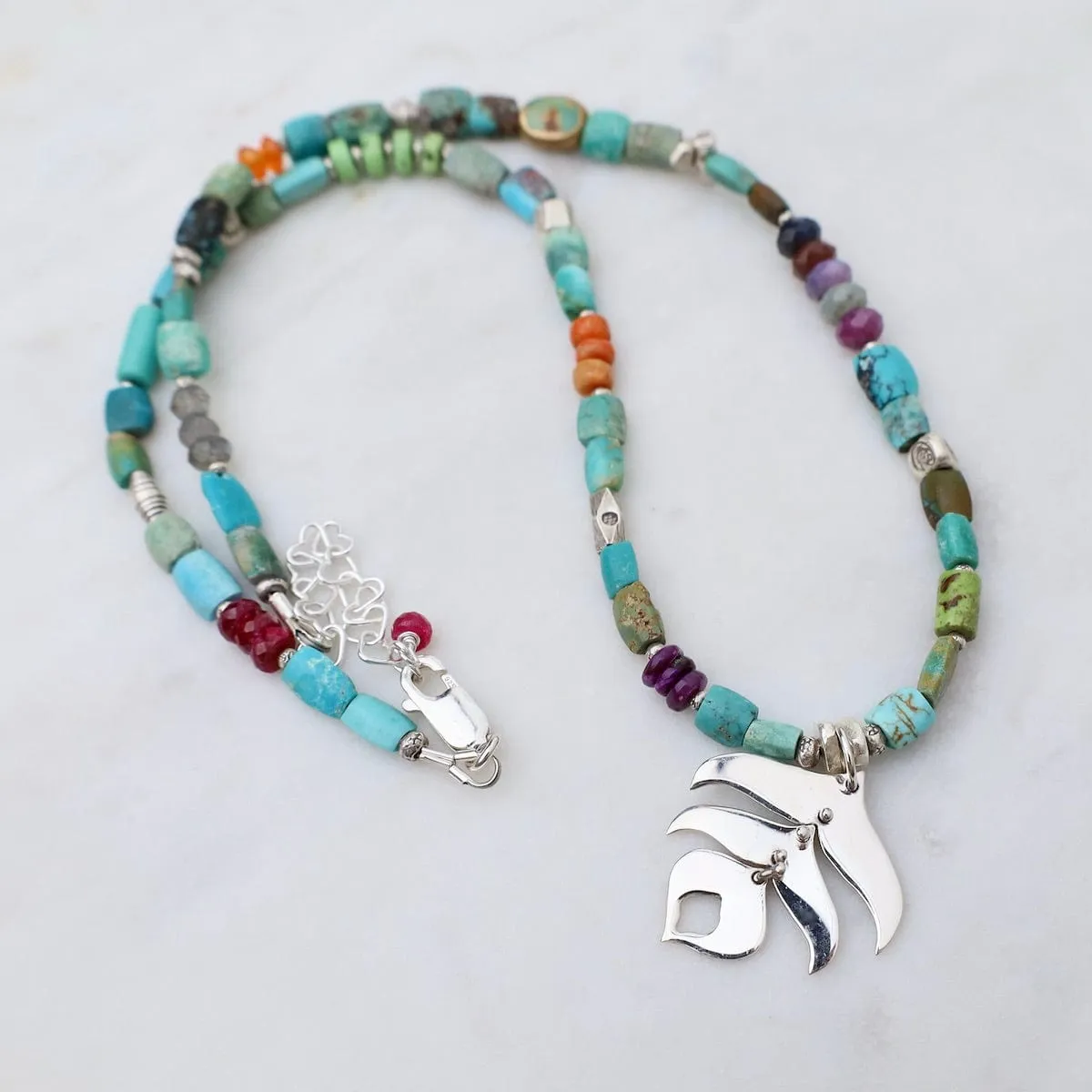 Chunky Turquoise with Silver Peacock Feather Necklace
