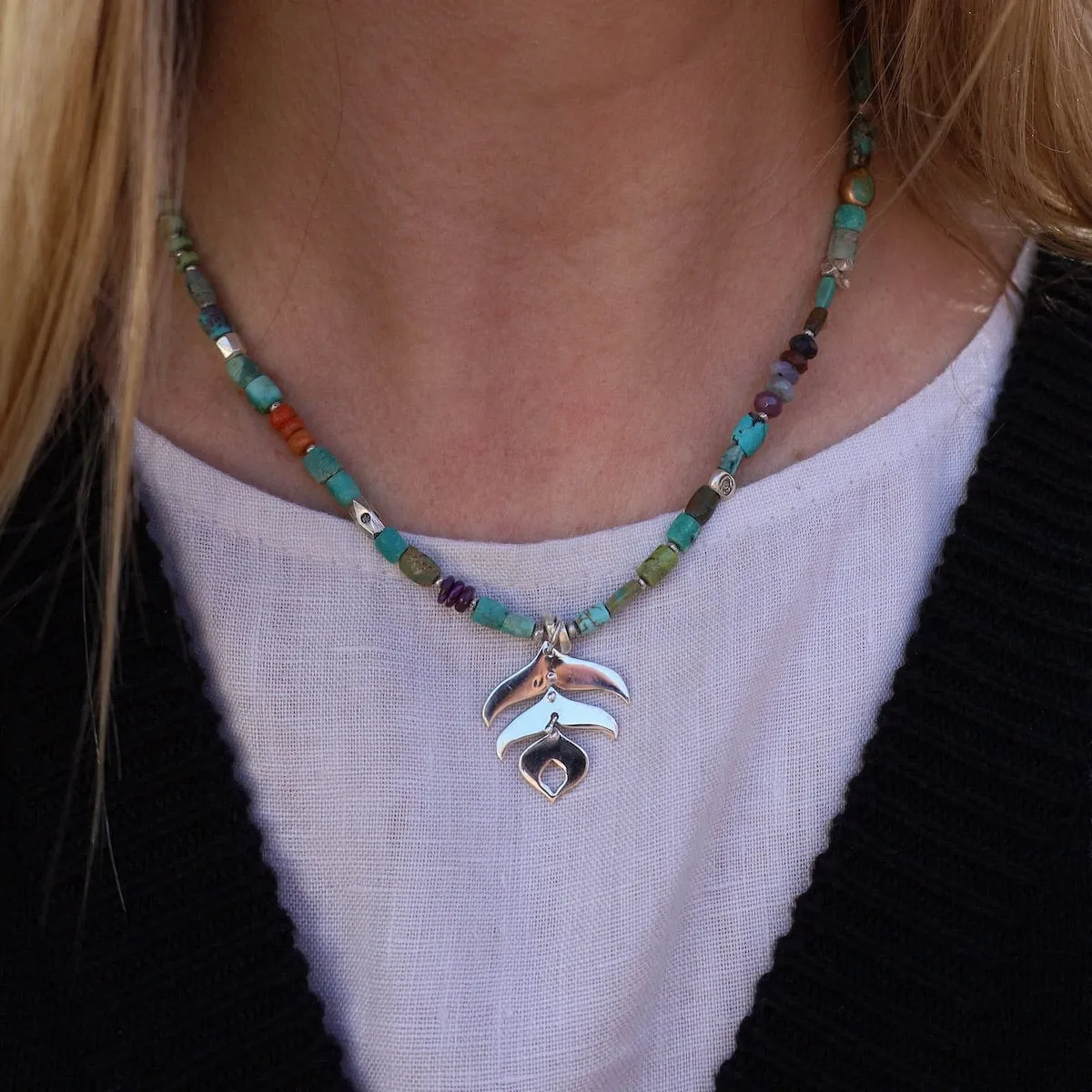 Chunky Turquoise with Silver Peacock Feather Necklace