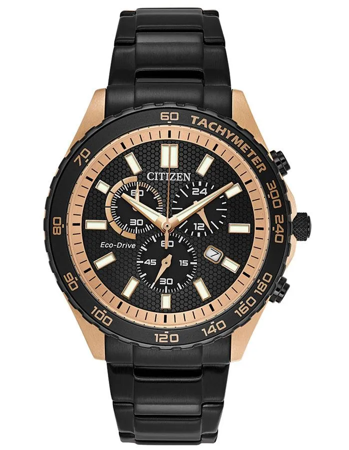 Citizen Eco-Drive Mens WR100 - Chronograph - Rose-Gold/Black-Tone - Bracelet