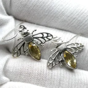 Citrine Bee Earrings, 925 Sterling Silver