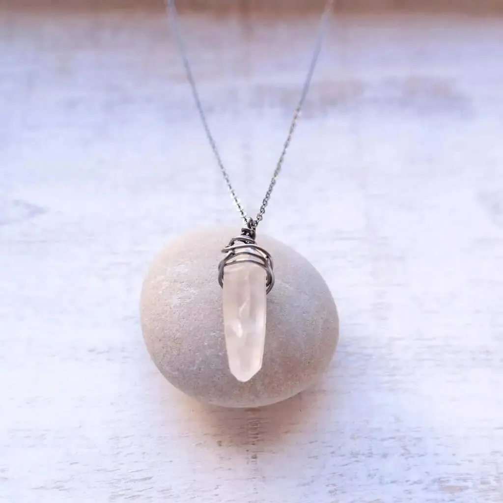 Crystal Quartz Point Necklace - antique silver