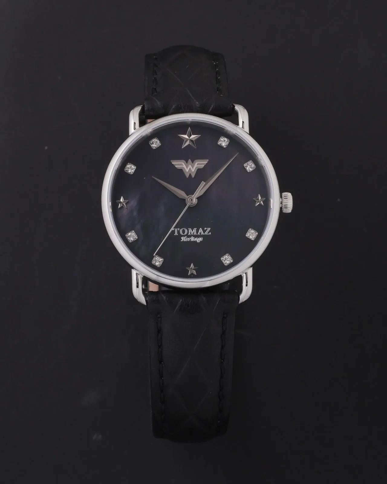 DC Wonder Woman Ladies Watch G1L-FD1 (Silver/Black) Black Leather Strap