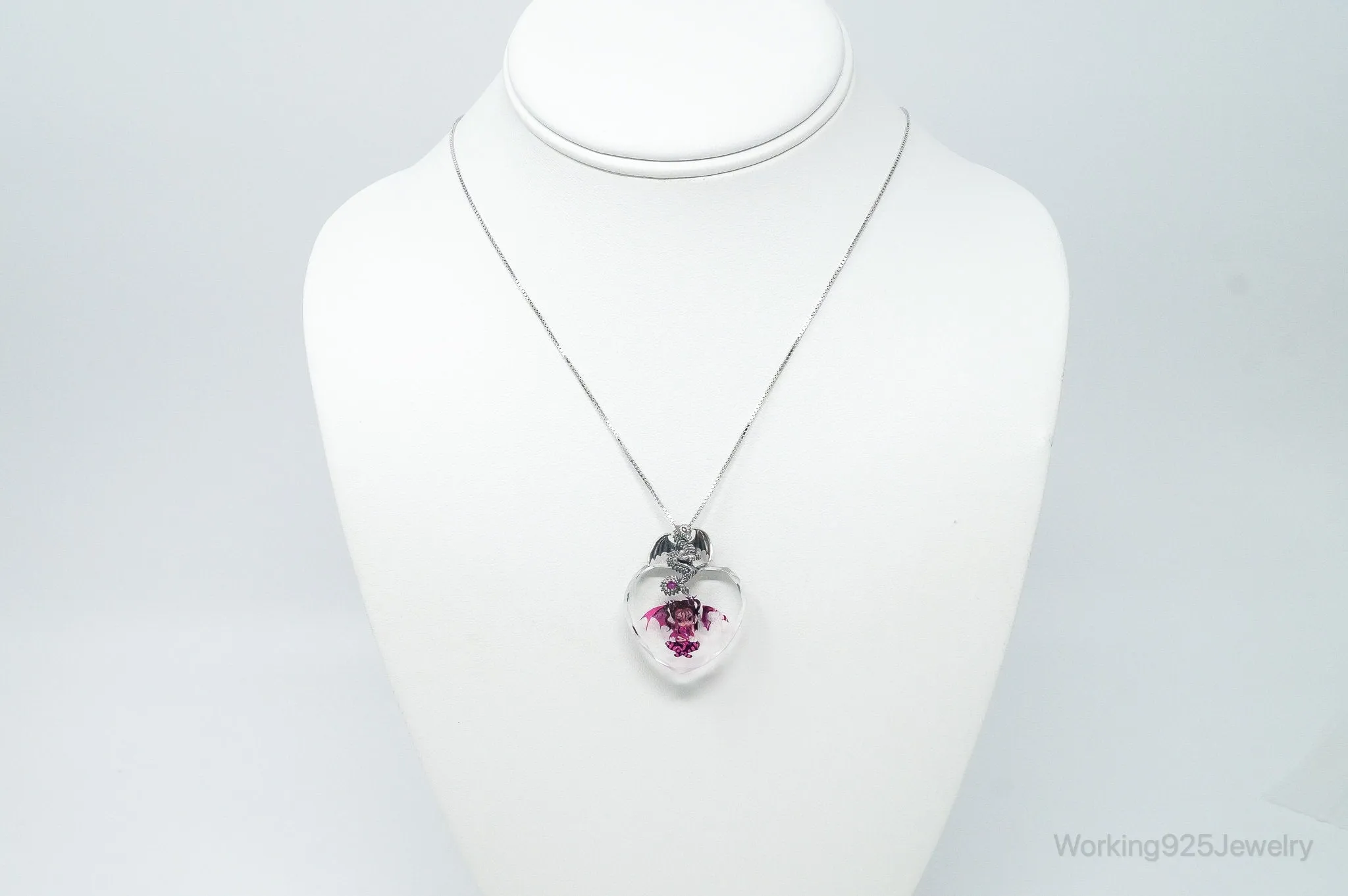 Designer Bradford Exchange Ruby Dragon Large Heart Crystal S.Silver Necklace