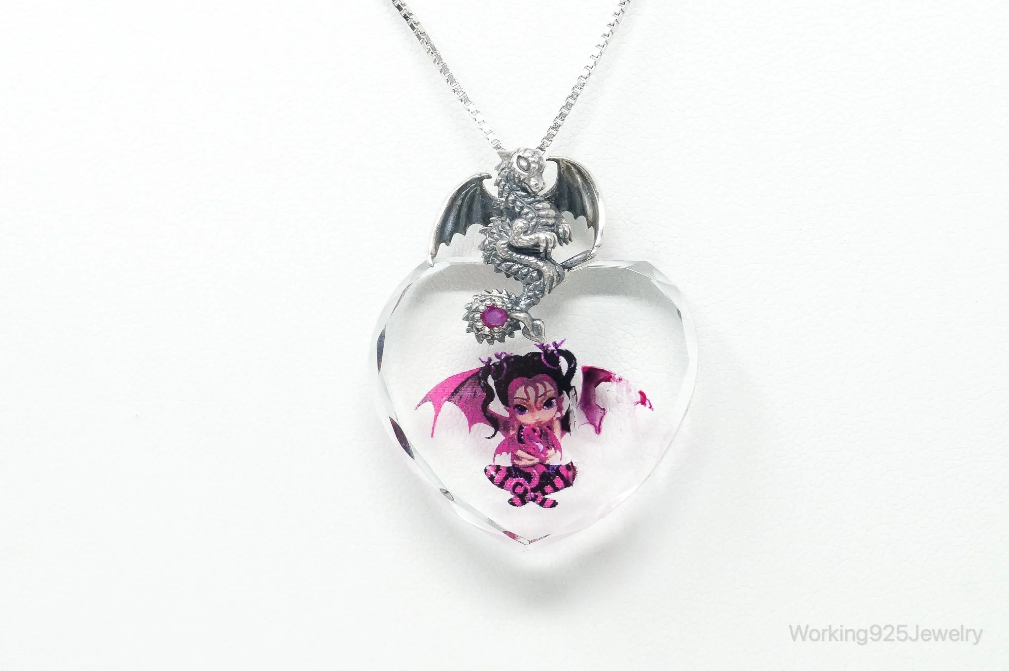Designer Bradford Exchange Ruby Dragon Large Heart Crystal S.Silver Necklace