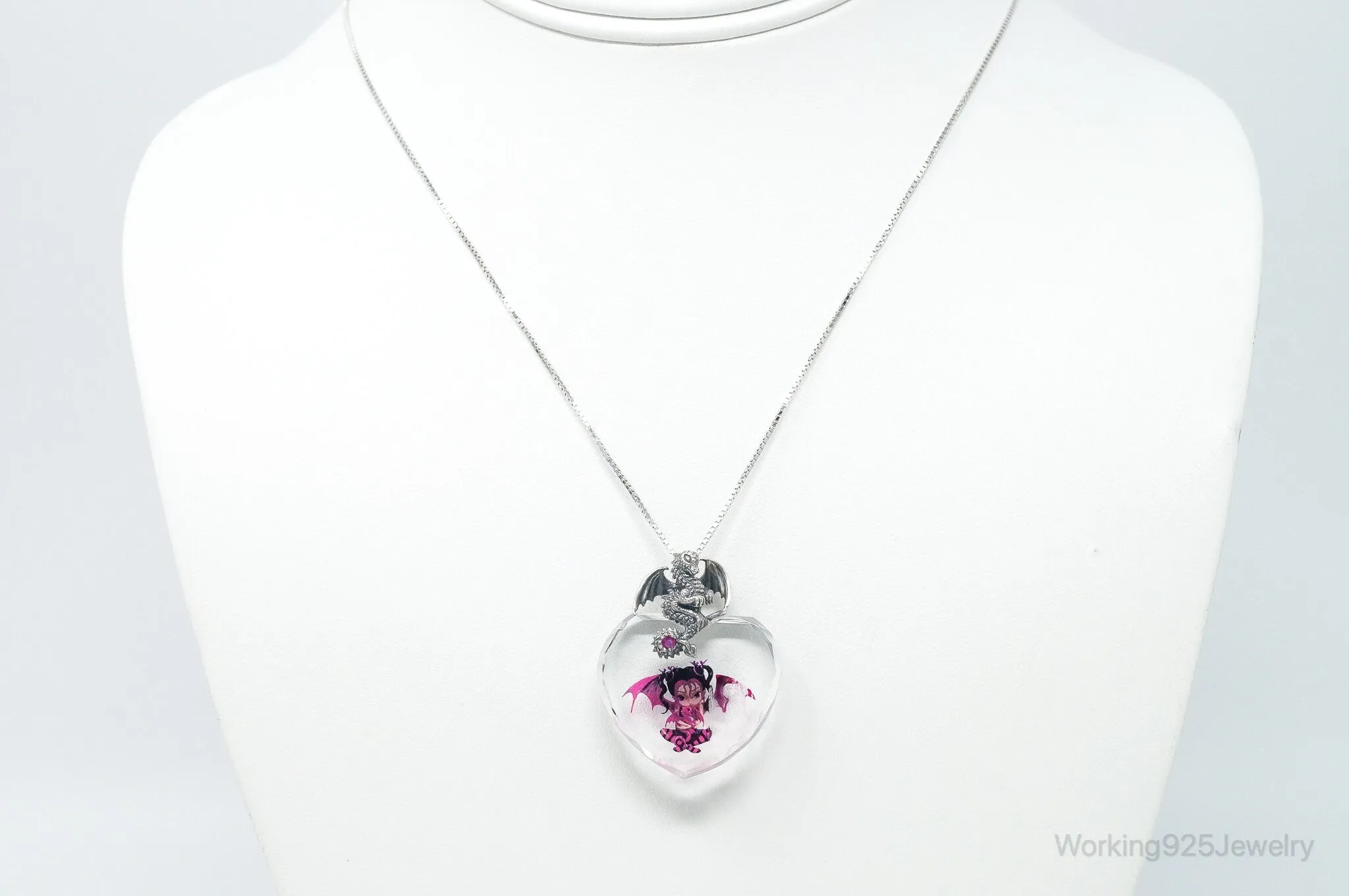 Designer Bradford Exchange Ruby Dragon Large Heart Crystal S.Silver Necklace