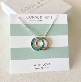 Double eternity necklace with turquoise and coral enamel