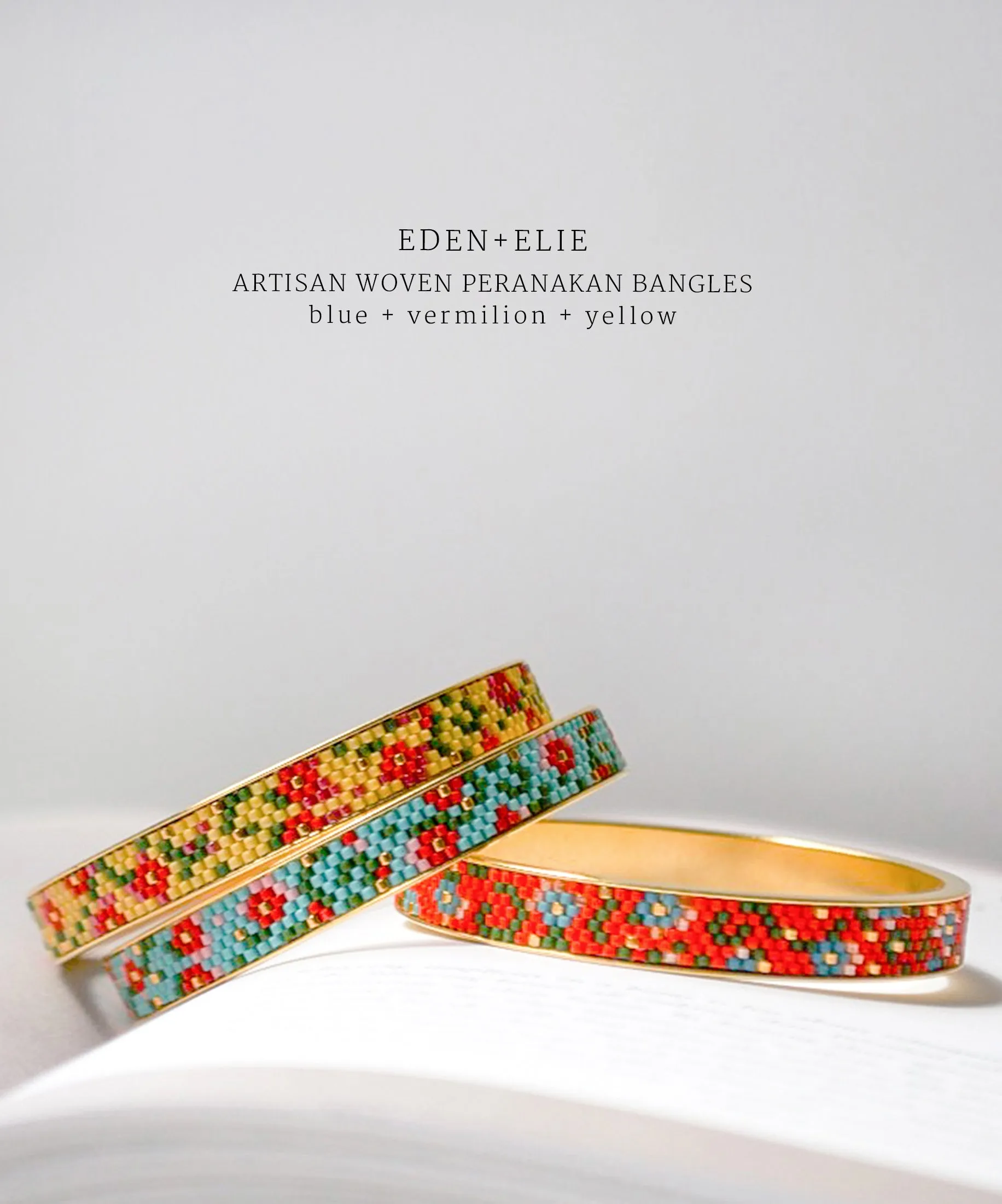 EDEN   ELIE Modern Peranakan gold narrow bangles set of 2 - blue   yellow